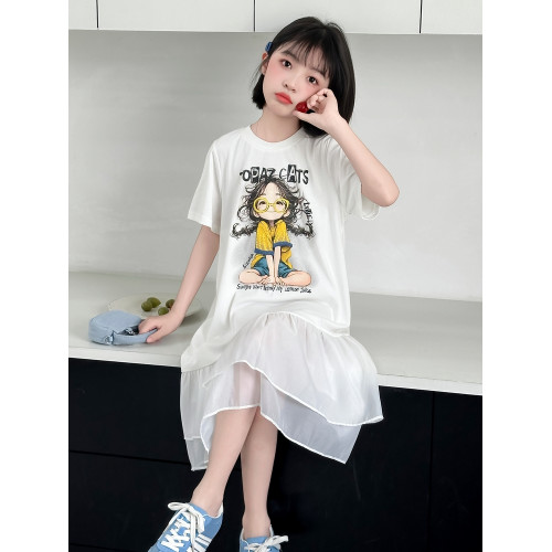 女童夏裝連衣裙2025新款洋氣女孩夏季裙子兒童網紗拼接短袖T恤裙