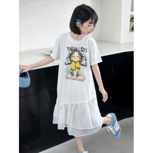 女童夏裝連衣裙2025新款洋氣女孩夏季裙子兒童網紗拼接短袖T恤裙