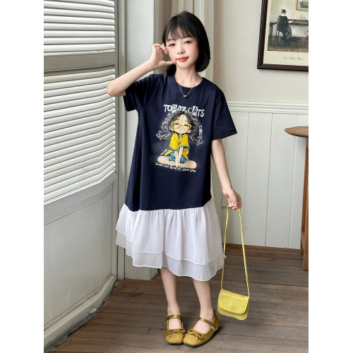 女童夏裝連衣裙2025新款洋氣女孩夏季裙子兒童網紗拼接短袖T恤裙
