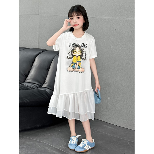 女童夏裝連衣裙2025新款洋氣女孩夏季裙子兒童網紗拼接短袖T恤裙