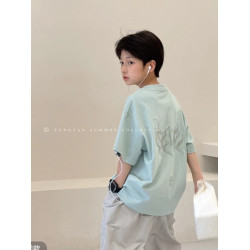 安哼安哼男童短袖T恤夏季套裝中大童薄款刺綉五分袖兒童薄款防蚊