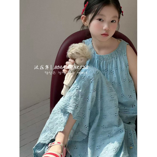 波拉韓女童夏季蕾絲套裝小女孩洋氣無袖娃娃衫夏天半身裙子兩件套