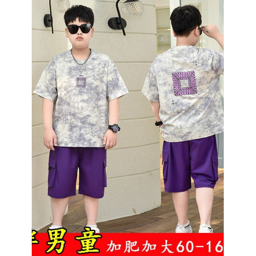 安哼安哼胖男童短袖中褲休閒兩件套寬松大童男孩半袖工裝短褲套裝