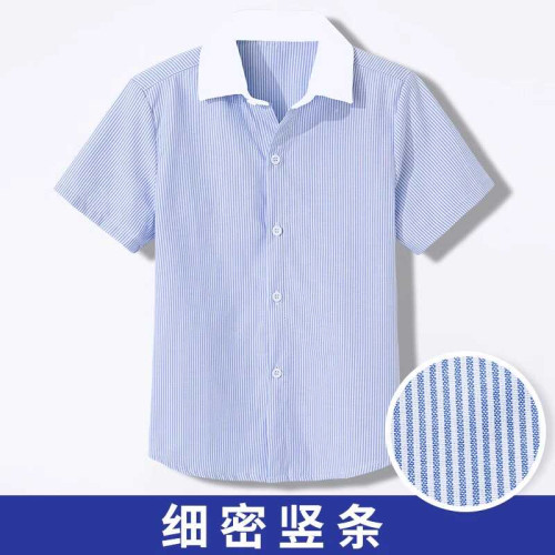 兒童裝短袖藍色紫色襯衫男童竪條紋襯衣校服半袖學院裝寸衫中大童