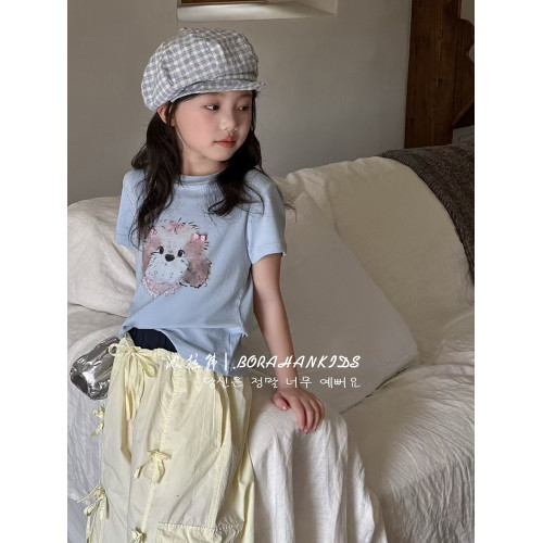 波拉韓女童印花T恤夏季短袖兒童2025新款洋氣上衣中大童時髦體恤