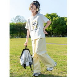 女童短袖T恤夏裝2025新款兒童純棉半袖中大童夏季上衣工裝褲套裝