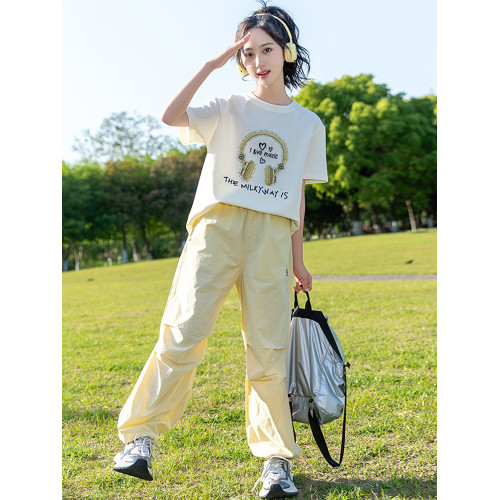 女童短袖T恤夏裝2025新款兒童純棉半袖中大童夏季上衣工裝褲套裝