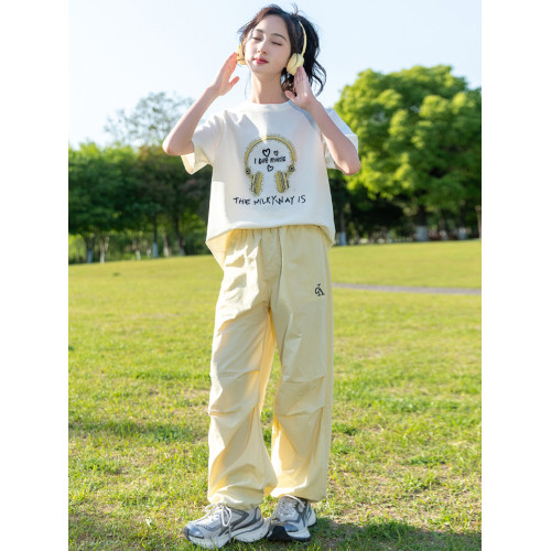 女童短袖T恤夏裝2025新款兒童純棉半袖中大童夏季上衣工裝褲套裝