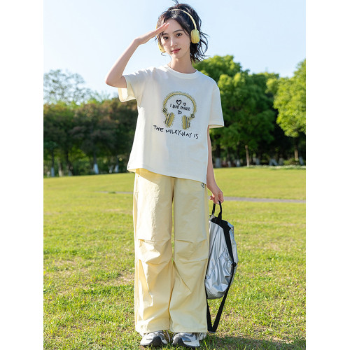 女童短袖T恤夏裝2025新款兒童純棉半袖中大童夏季上衣工裝褲套裝