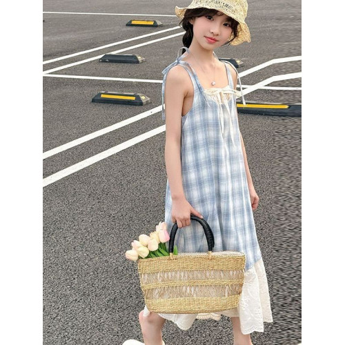 女童2025夏季新款韓版時尚蝴蝶結格子吊帶連衣裙蕾絲花邊半身潮裙