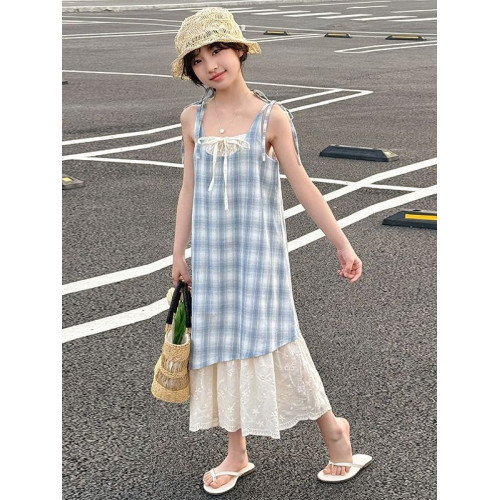 女童2025夏季新款韓版時尚蝴蝶結格子吊帶連衣裙蕾絲花邊半身潮裙