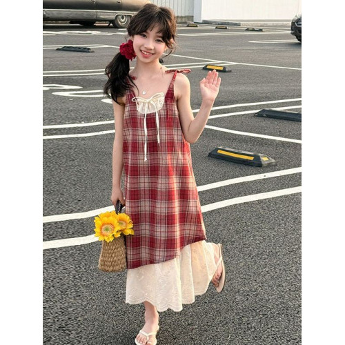女童2025夏季新款韓版時尚蝴蝶結格子吊帶連衣裙蕾絲花邊半身潮裙