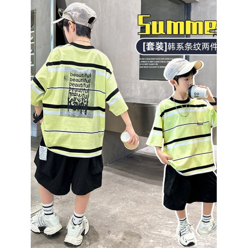 安哼安哼男童夏裝短袖套裝條紋2025新款帥氣男孩中大童兒童夏季兩