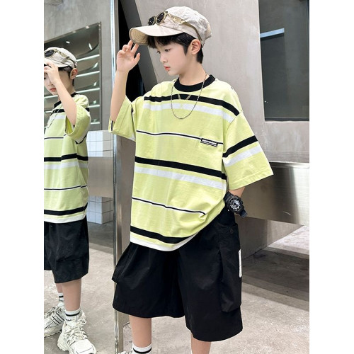 安哼安哼男童夏裝短袖套裝條紋2025新款帥氣男孩中大童兒童夏季兩