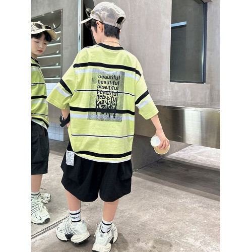 安哼安哼男童夏裝短袖套裝條紋2025新款帥氣男孩中大童兒童夏季兩