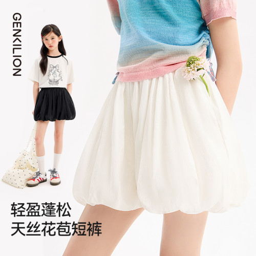 女童花苞短褲2025新款夏季涼感天絲輕盈百搭女孩夏天可愛休閒褲子
