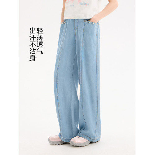 女童牛仔褲兒童薄款天絲涼感濶腿褲2025夏季新款大童休閒時尚長褲