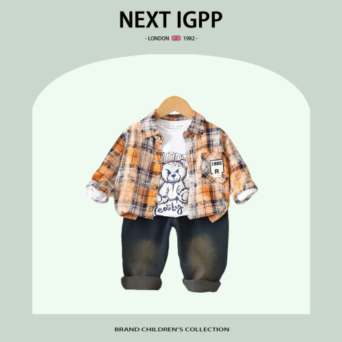 英國NEXT IGPP 男童格子襯衫春秋款兒童裝襯衣秋季休閒衣服三件套