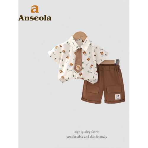 法國anseola夏季男童短款套裝兒童卡通小熊襯衫領帶短褲兩件套