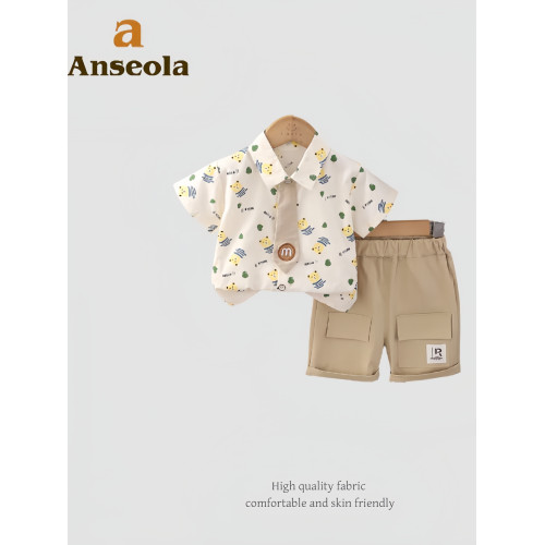 法國anseola夏季男童短款套裝兒童卡通小熊襯衫領帶短褲兩件套