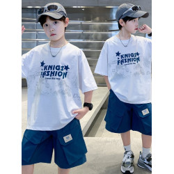 中大童男孩夏裝短袖套裝2025新款兒童裝男童夏季洋氣百搭打底衫潮