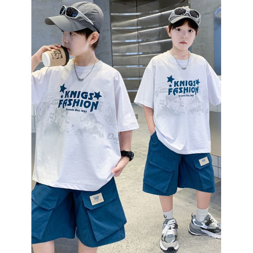 中大童男孩夏裝短袖套裝2025新款兒童裝男童夏季洋氣百搭打底衫潮