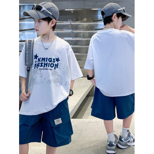 中大童男孩夏裝短袖套裝2025新款兒童裝男童夏季洋氣百搭打底衫潮