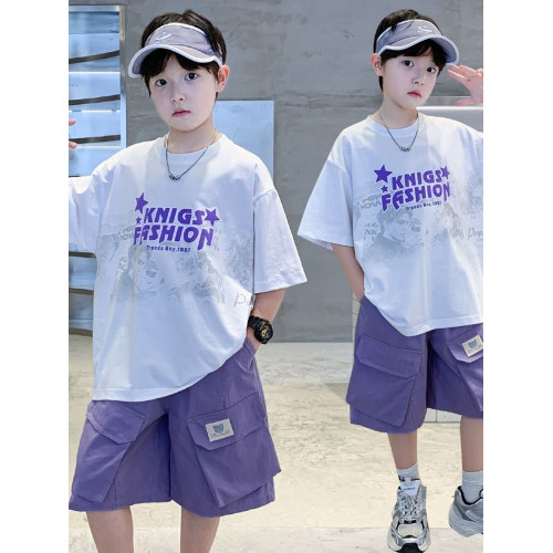 中大童男孩夏裝短袖套裝2025新款兒童裝男童夏季洋氣百搭打底衫潮