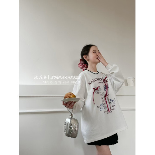 波拉韓女童蝴蝶結打底衫秋季2025新款兒童長袖T恤女孩薄款衛衣