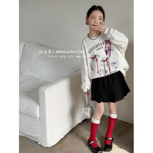 波拉韓女童蝴蝶結打底衫秋季2025新款兒童長袖T恤女孩薄款衛衣