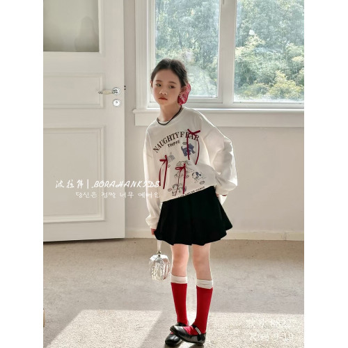 波拉韓女童蝴蝶結打底衫秋季2025新款兒童長袖T恤女孩薄款衛衣