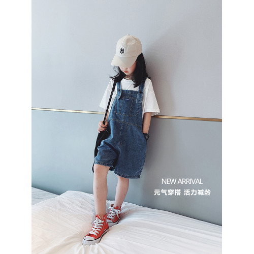 女童牛仔背帶短褲春夏套裝2025新款韓版中大童夏裝五分褲兩件套潮