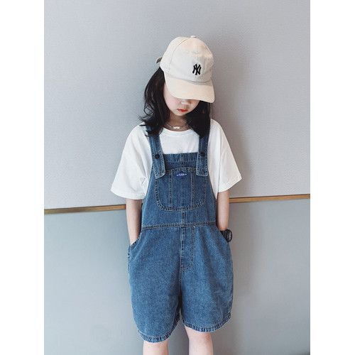 女童牛仔背帶短褲春夏套裝2025新款韓版中大童夏裝五分褲兩件套潮