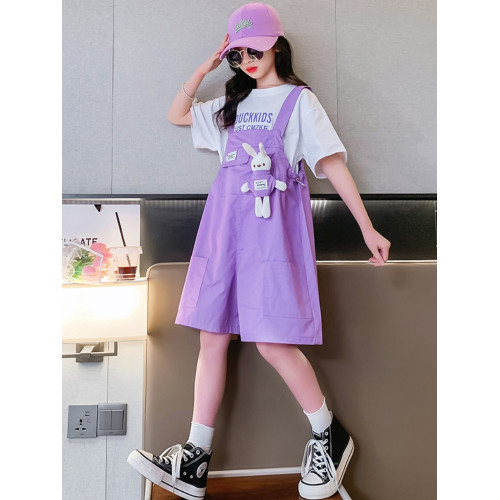 女童夏裝背帶褲套裝2025新款中大童洋氣時髦兒童夏天薄款短褲子潮