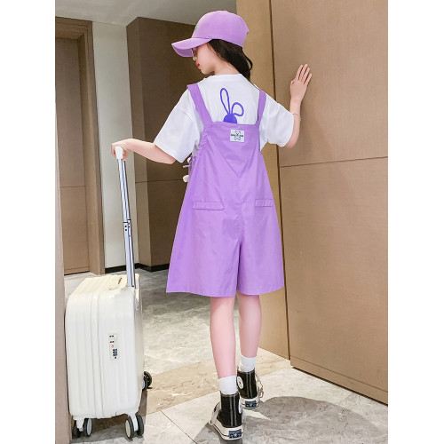 女童夏裝背帶褲套裝2025新款中大童洋氣時髦兒童夏天薄款短褲子潮