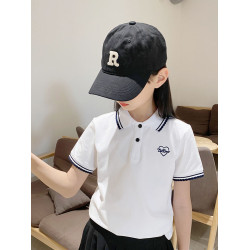 2025夏季新女童短袖t恤軟棉兒童polo衫休閒帶領撞色花邊半袖T上衣