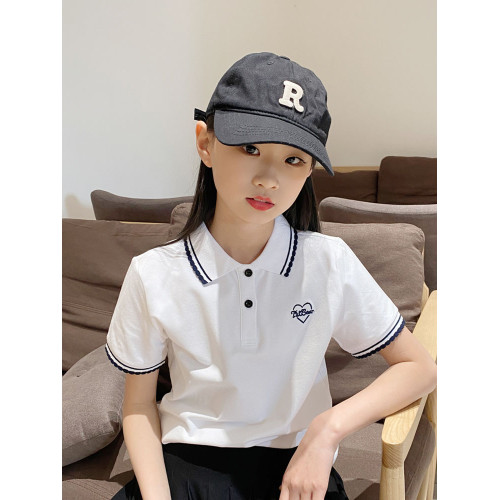 2025夏季新女童短袖t恤軟棉兒童polo衫休閒帶領撞色花邊半袖T上衣