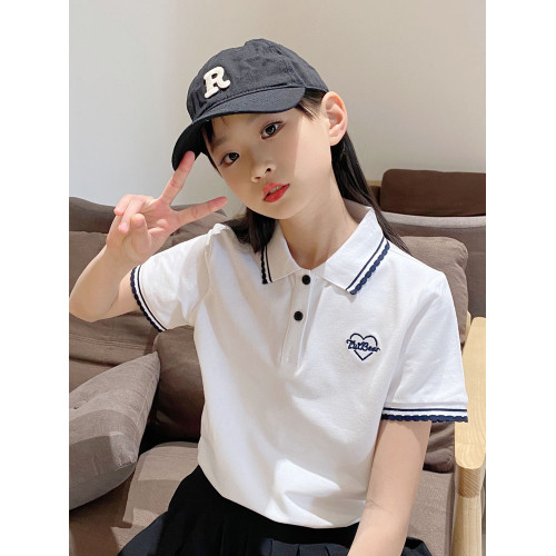 2025夏季新女童短袖t恤軟棉兒童polo衫休閒帶領撞色花邊半袖T上衣