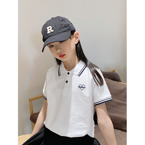 2025夏季新女童短袖t恤軟棉兒童polo衫休閒帶領撞色花邊半袖T上衣