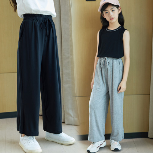 女童莫代爾濶腿褲夏季2025新款兒童冰絲褲子寬松薄款大童休閒褲灰