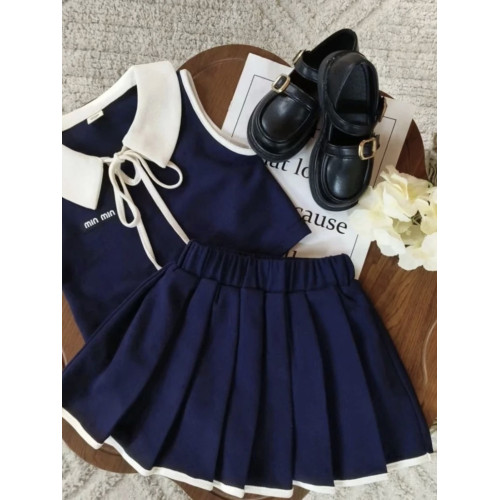 女童夏季套裝2025新款學院風翻領無袖上衣女寶寶洋氣百褶裙兩件套