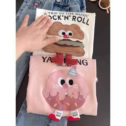 女童短袖t恤2025年新款洋氣卡通漢堡立體刺綉裝飾中大童半袖上衣