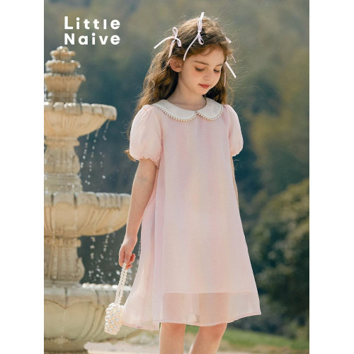 Little Naive 連衣裙兒童夏季珍珠領甜美裙子女童娃娃領公主裙