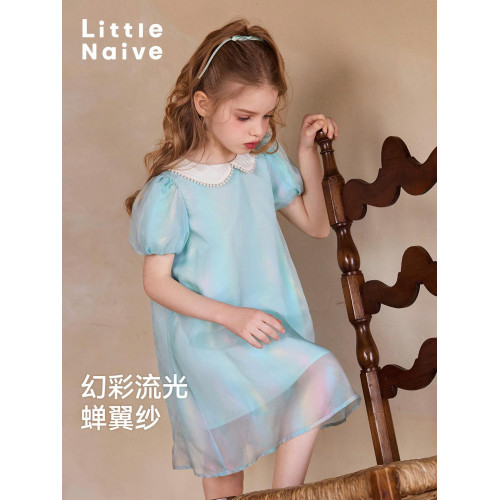 Little Naive 連衣裙兒童夏季珍珠領甜美裙子女童娃娃領公主裙