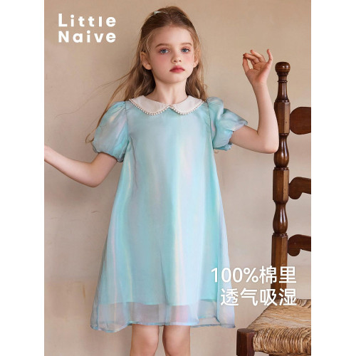 Little Naive 連衣裙兒童夏季珍珠領甜美裙子女童娃娃領公主裙