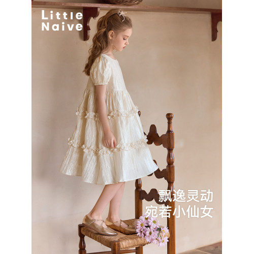 Little Naive女童連衣裙春夏新款光澤壓皺高級感公主裙兒童禮服裙