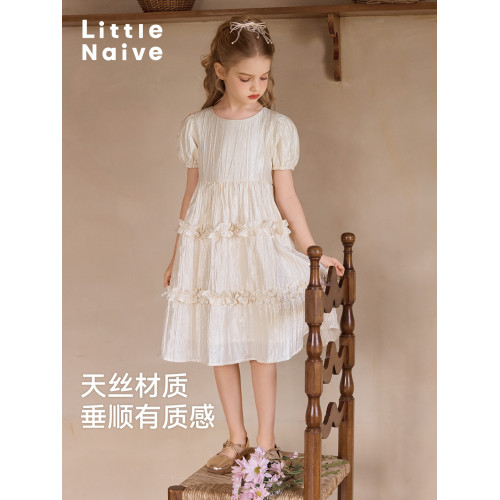 Little Naive女童連衣裙春夏新款光澤壓皺高級感公主裙兒童禮服裙