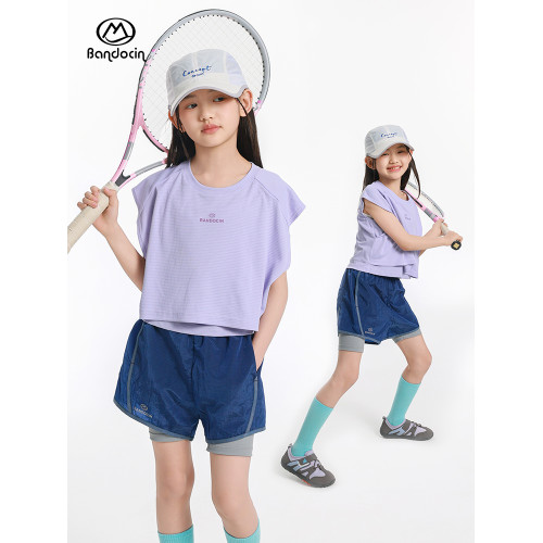 半度閒女童運動速乾衣背心t恤洋氣2025新款兒童夏裝寬松無袖上衣