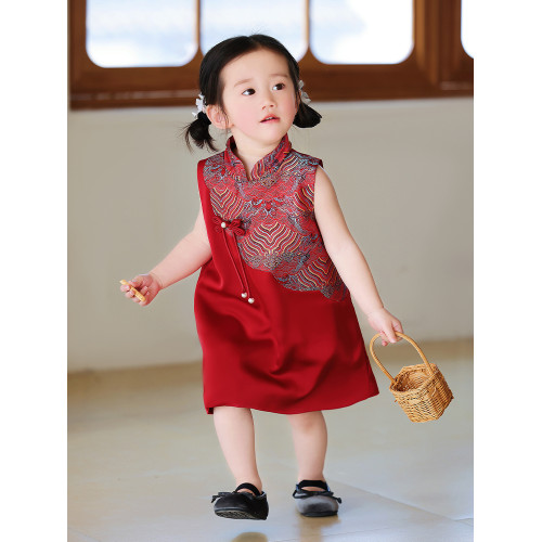 周嵗女寶寶禮服夏抓周宴幼兒童一嵗衣服中式紅色嬰兒生日女童旗袍