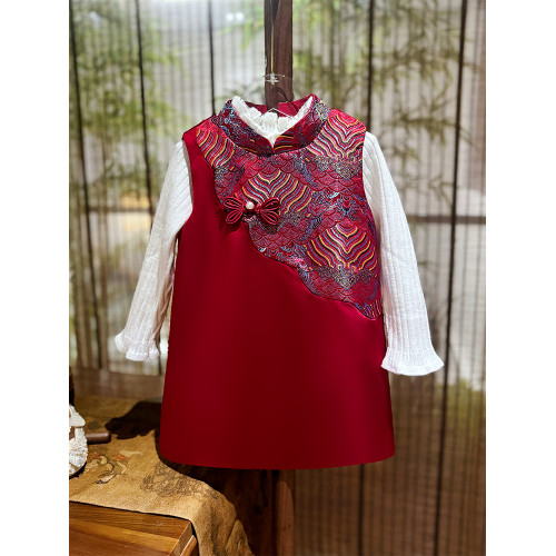 周嵗女寶寶禮服夏抓周宴幼兒童一嵗衣服中式紅色嬰兒生日女童旗袍